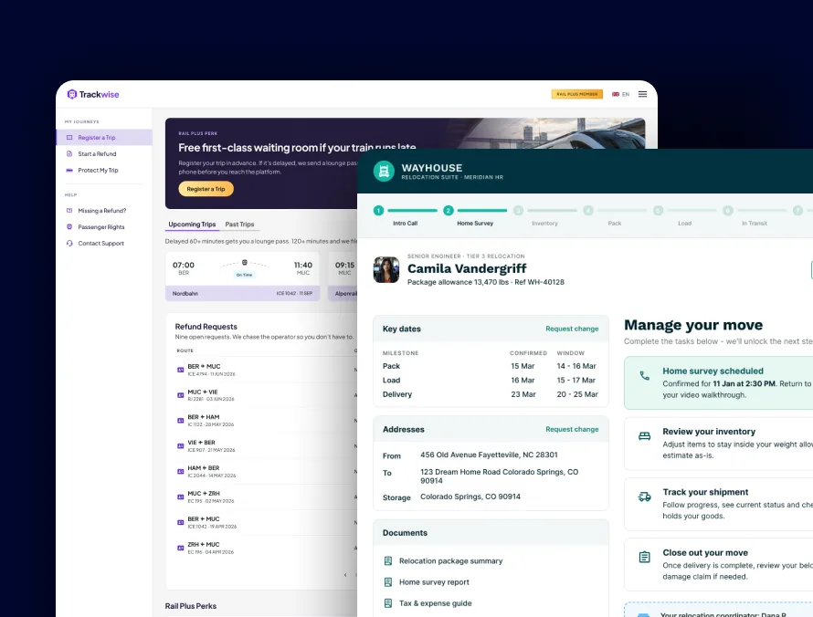 Relocation platform and claims portal screens from our government work